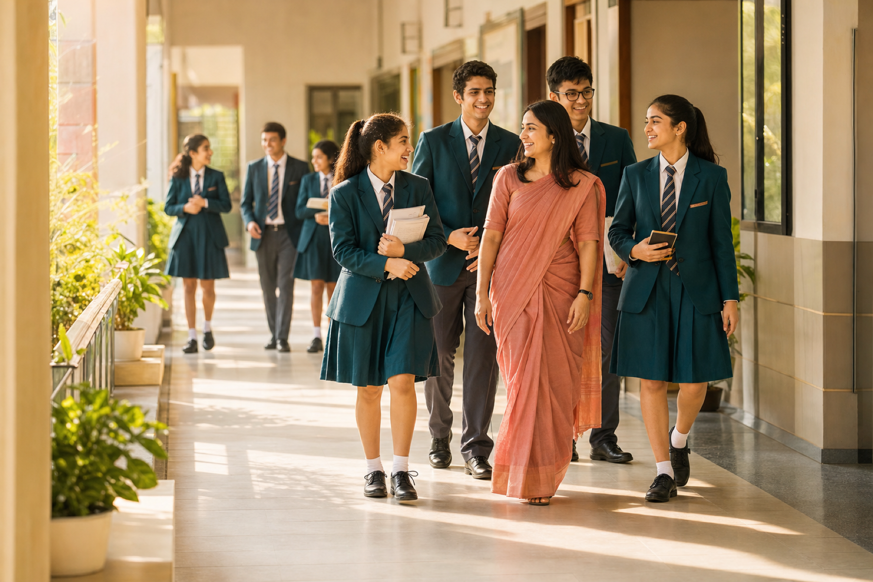 Students and a teacher walking through a bright modern school